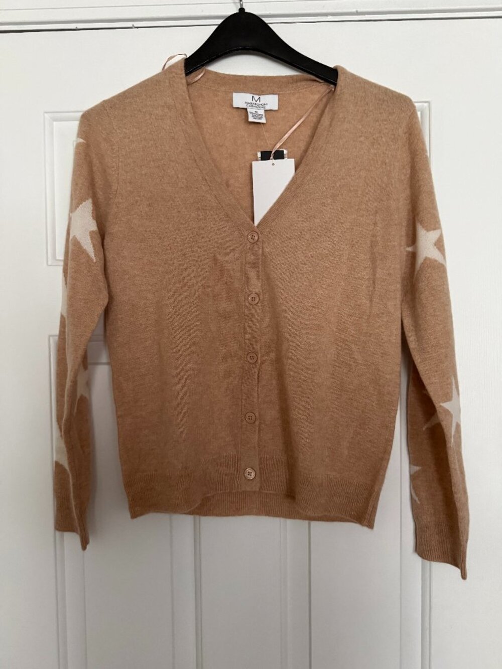 $248 NEW MAGASCHONI Women's Size M Cardigan 100% Cashmere sweater Nougat/white